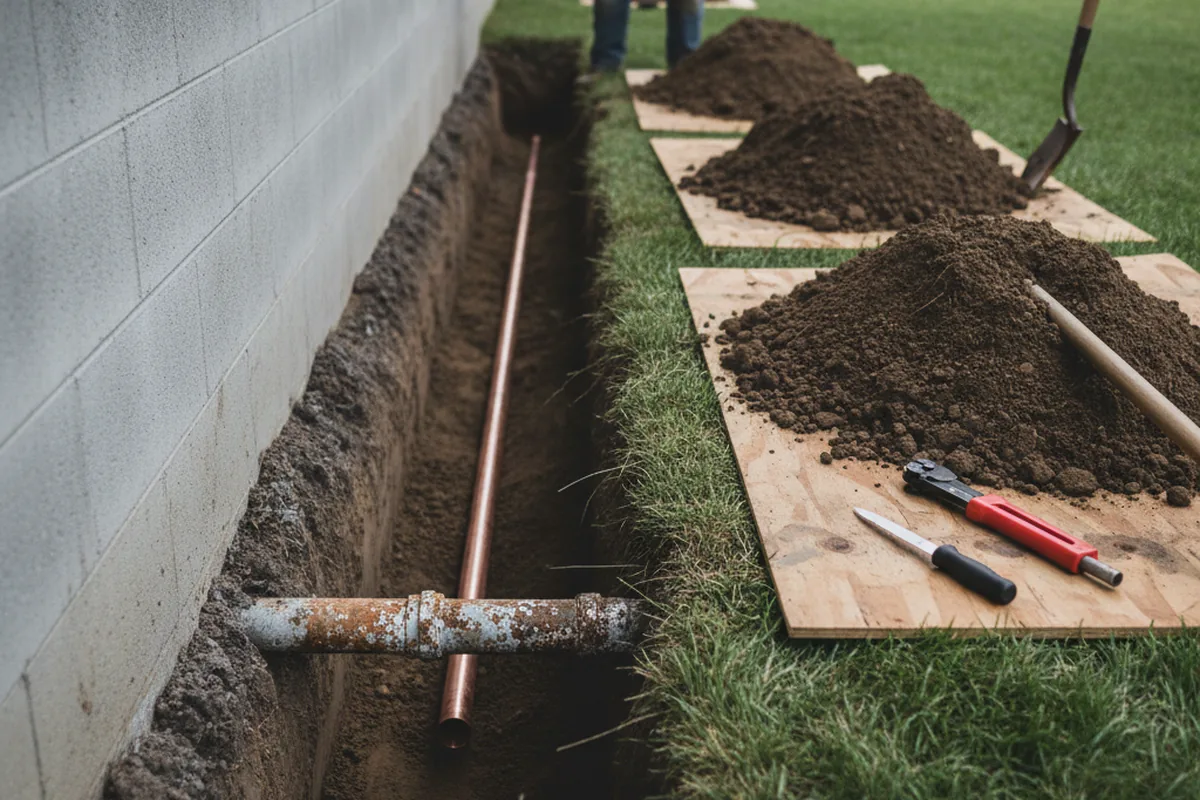 Excavated water line trench during Water Heater Repair in Racine